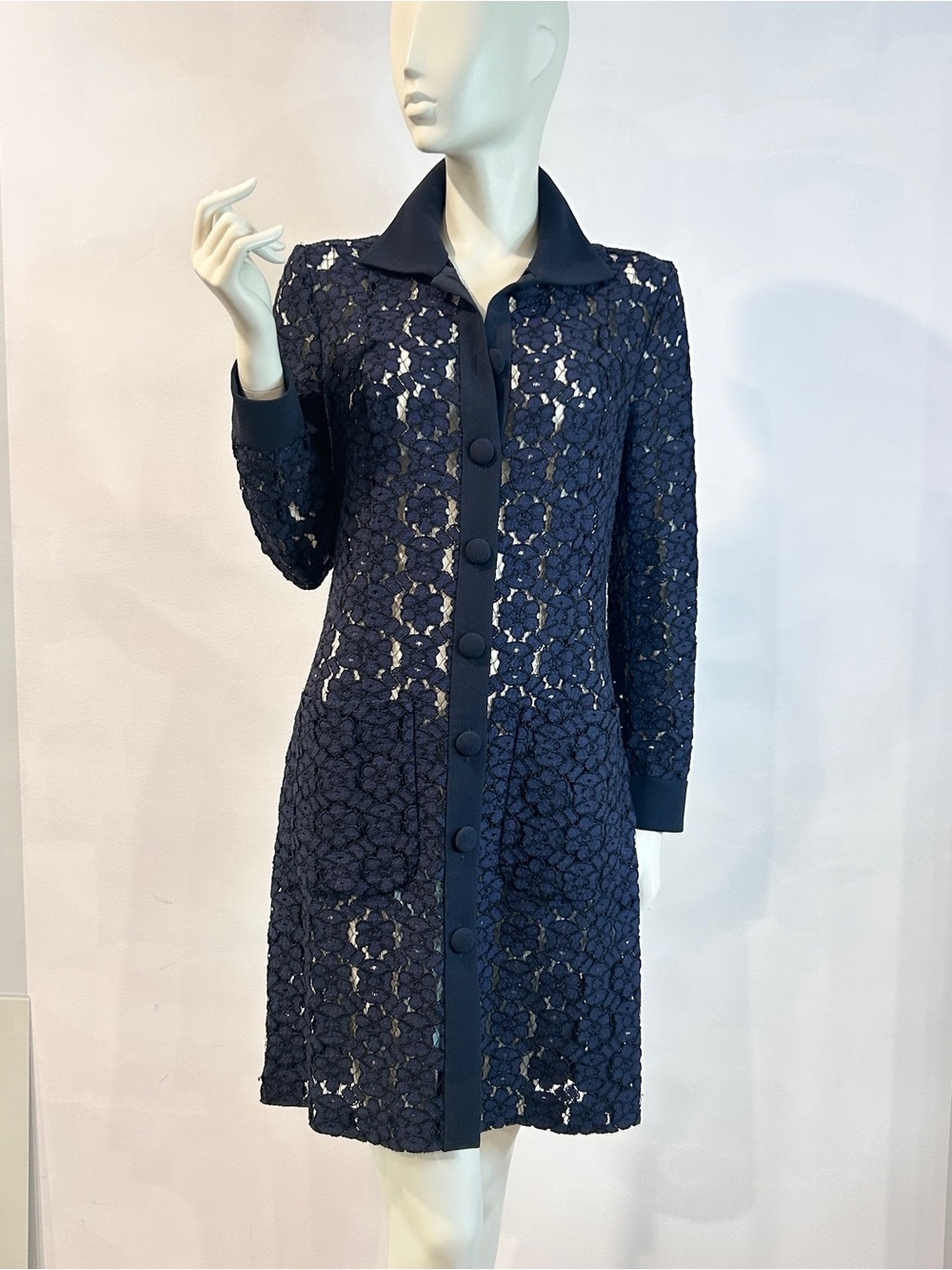 Judith & Charles Navy Blue Lace Long Sleeve Shirt Dress size 4 - Picture 7 of 16